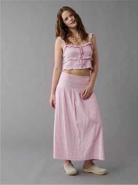 American Eagle Textured Pink Smocked Waistband Cottagecore Maxi Skirt L